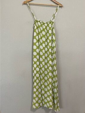Green and White Polka Dot Tie Back Midi Dress chartreuse lime summer sundress sm